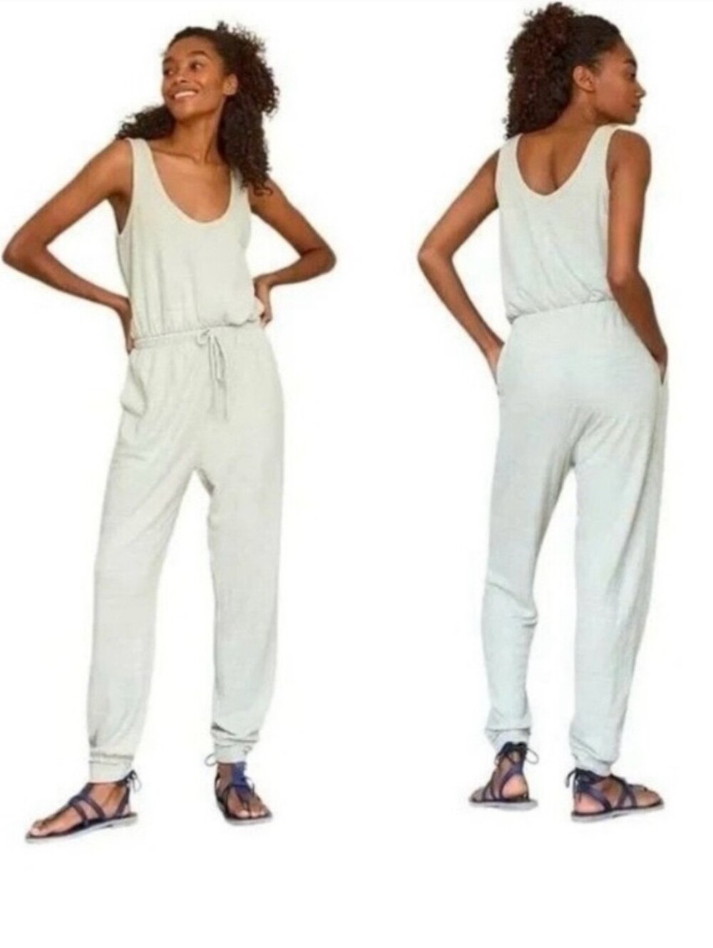 Free People Beach Sleeveless Drawstring Jumpsuit in Light Green